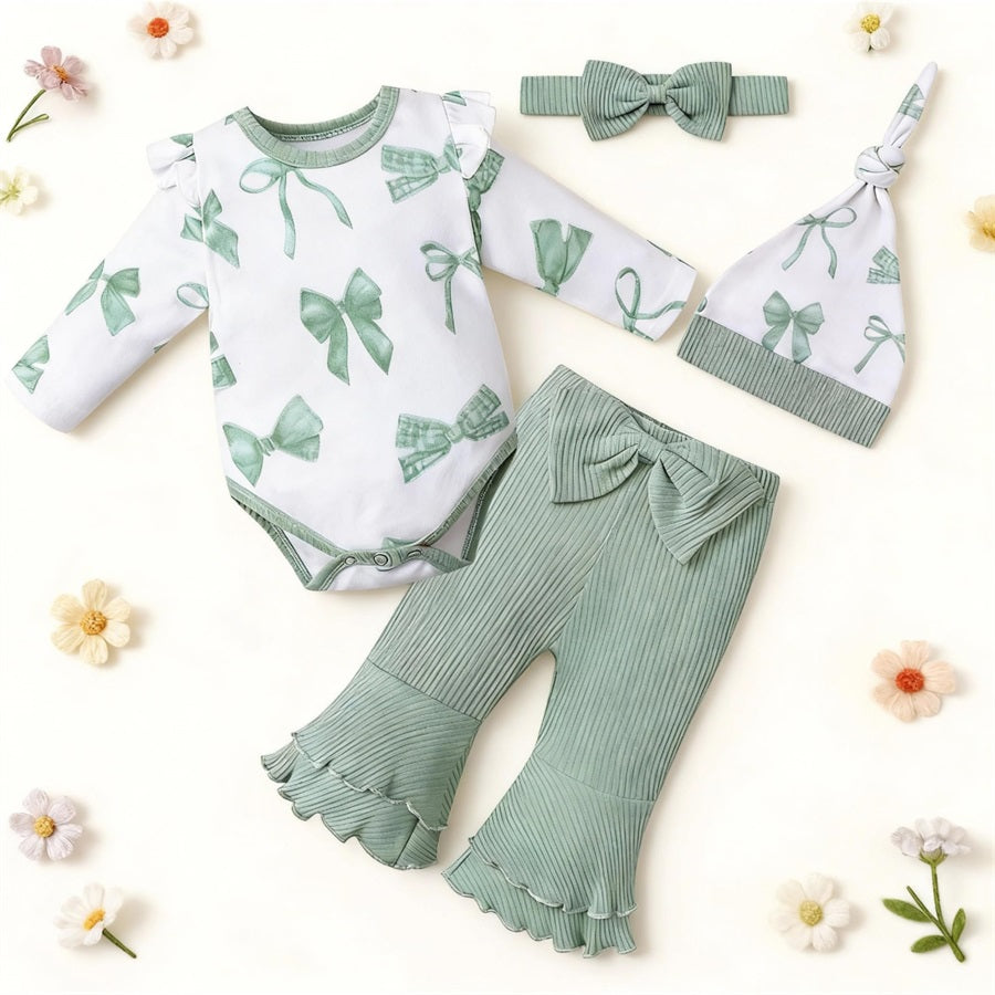 4PCS Lovely Bow Printed Long Sleeve Baby Girl Set