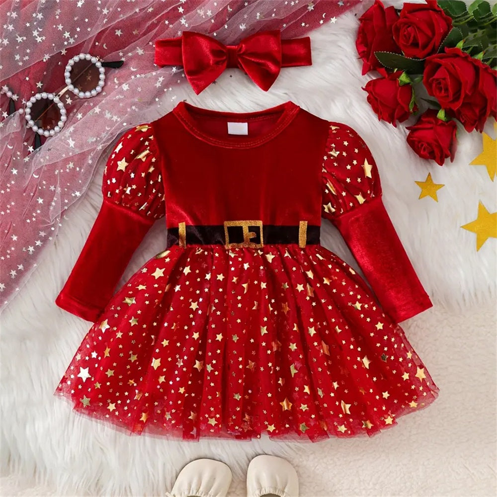 2PCS Cute Bubble Long Sleeve Star Mesh Dress