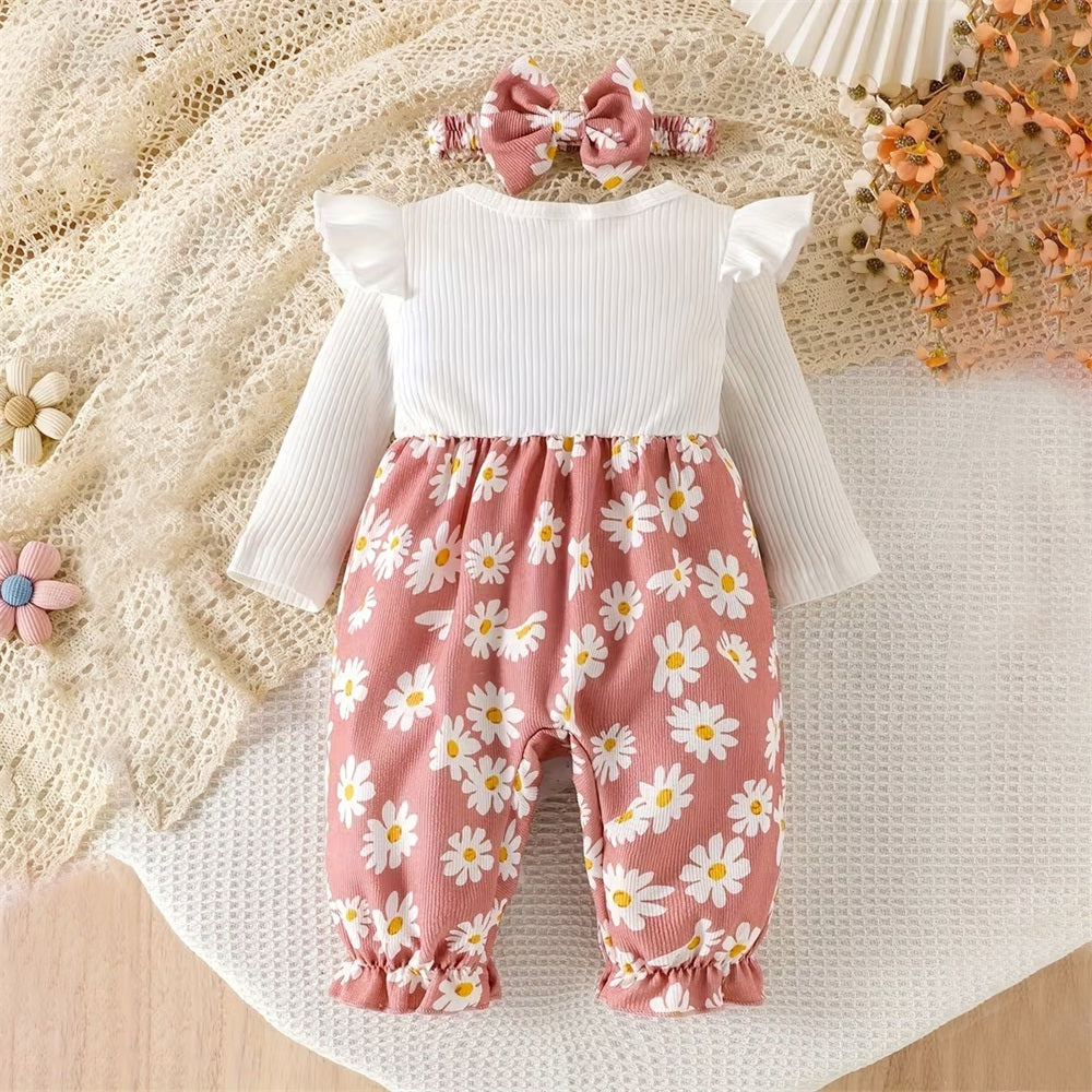 2PCS Cute Floral Print Bow Decor Long Sleeve Baby Jumpsuit