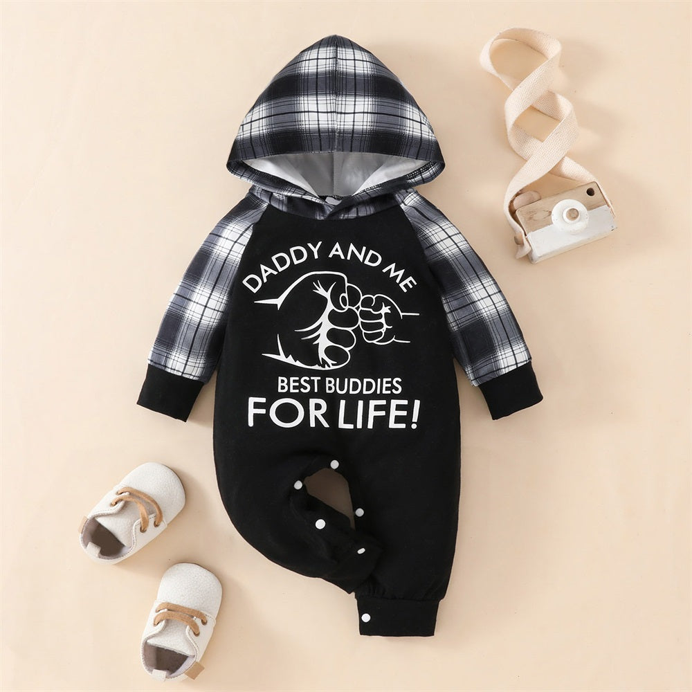 Daddy and Me Letter Print Plaid Baby Hooded Jumpsuit
