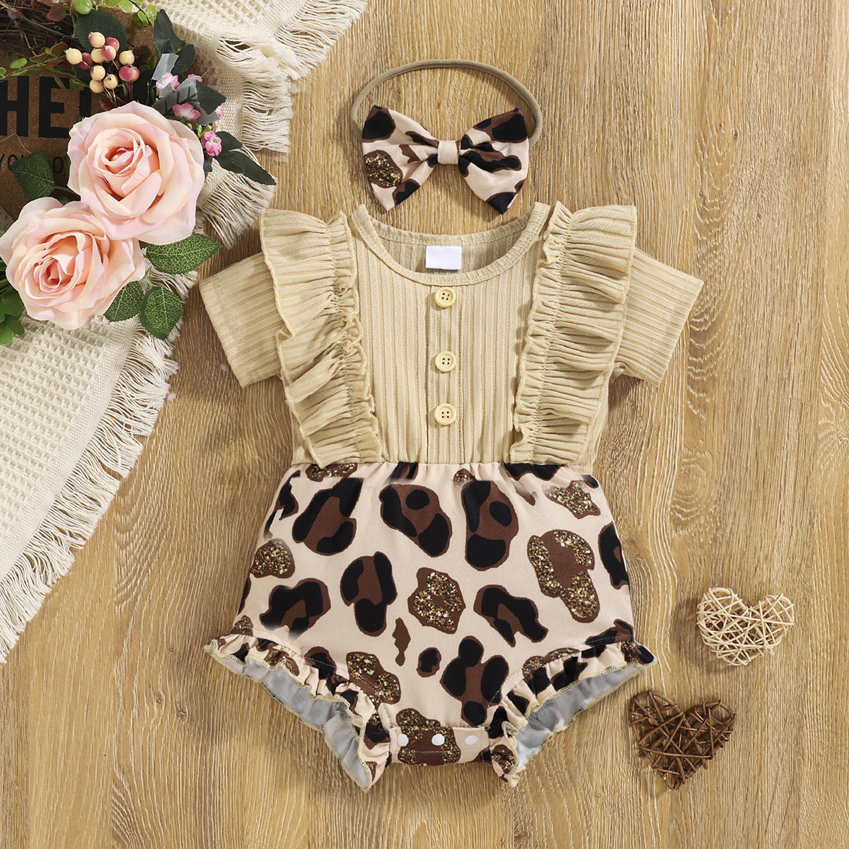 2PCS Sweet Leopard Print Ruffle Trim Short Sleeve Baby Romper