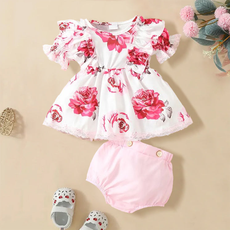 2PCS Sweet Floral Printed Short Sleeve Baby Set