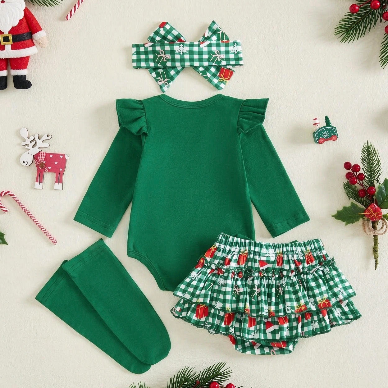4PCS My 1st Christmas Letter Plaid Print Long Sleeve Baby Set