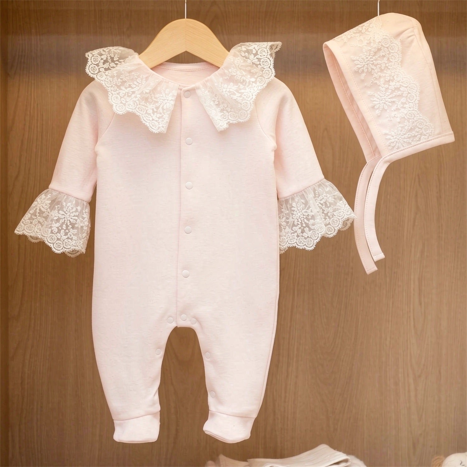 2PCS Pure Solid Color Lace Trim Baby Girl Jumpsuit