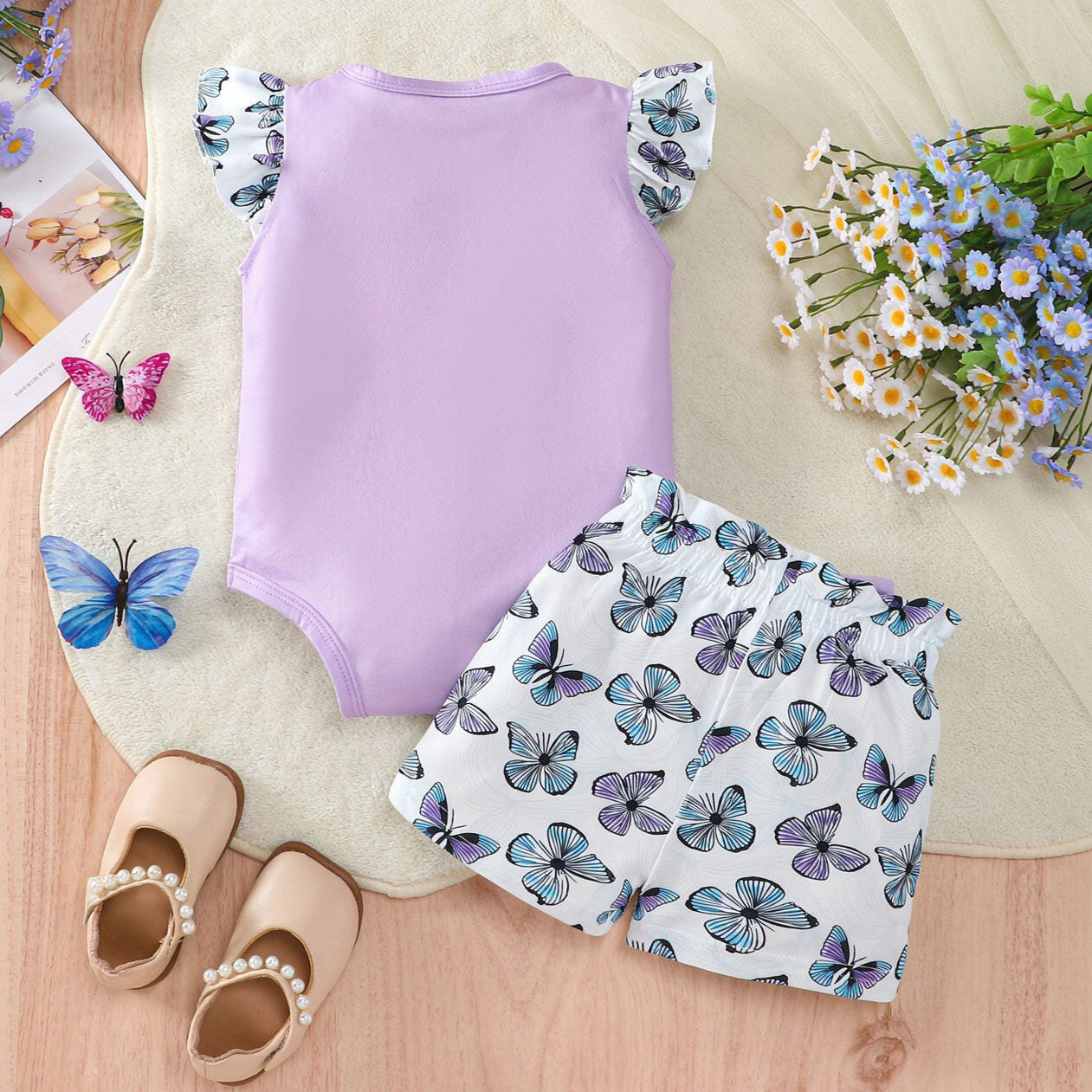 3PCS Elegant Butterfly Printed Flutter Sleeve Baby Set