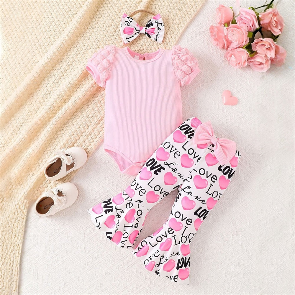 3PCS LOVE Letter Heart Printed Short Sleeve Baby Set