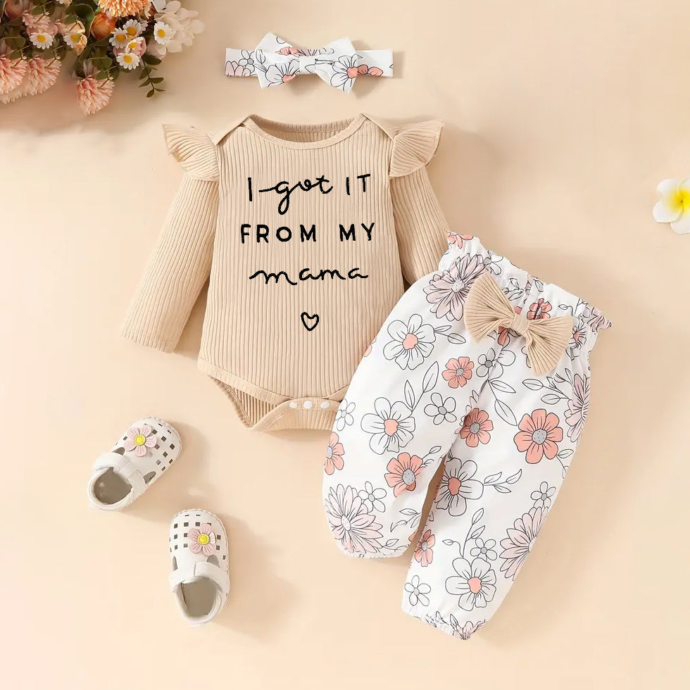 3PCS I Got It From My Mama Letter Floral Printed Long Sleeve Baby Set