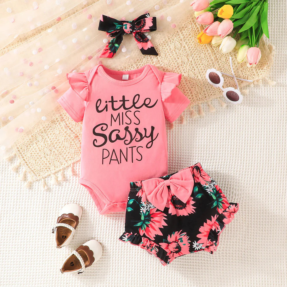 3PCS Little Miss Sassy Pants Letter Floral Printed Baby Set