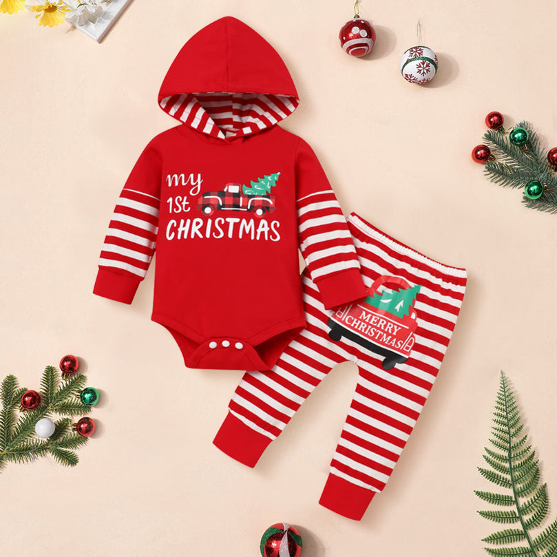 2PCS My 1st Christmas Letter Stripe Printed Hoodie Baby Set