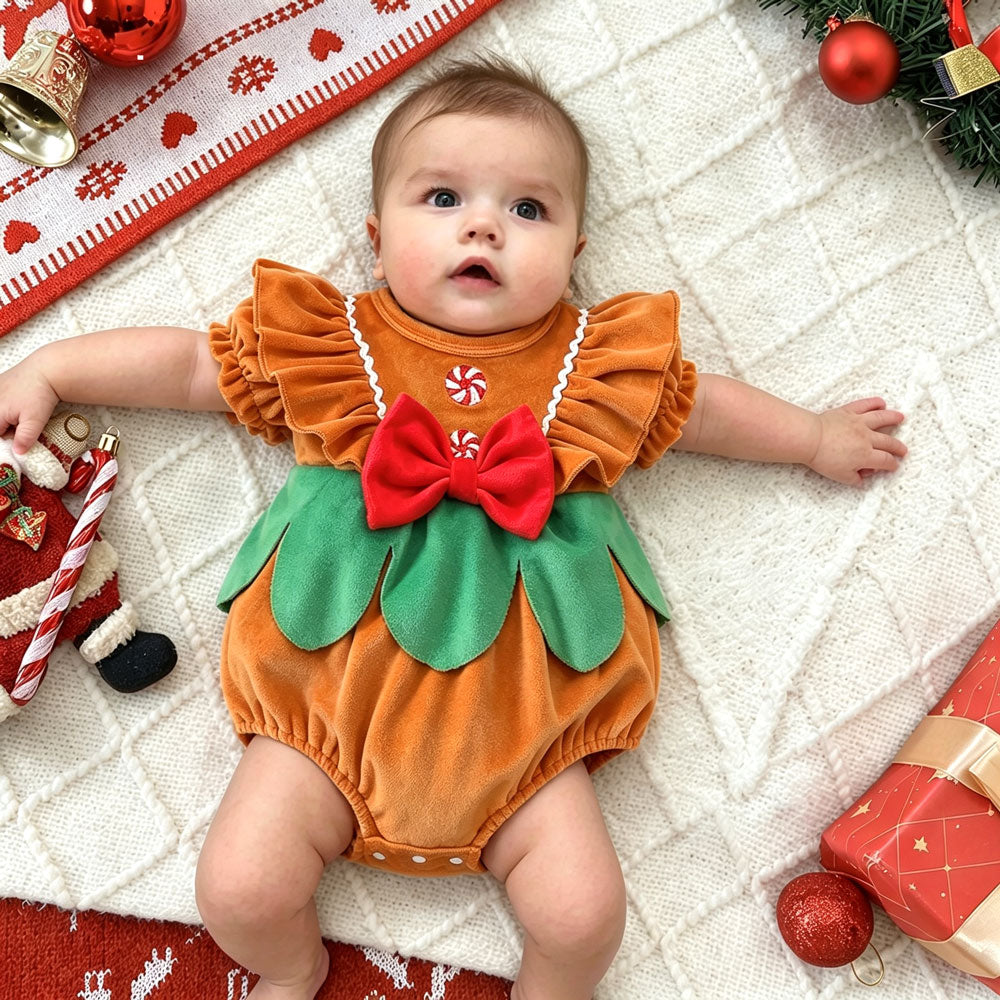Lovely Christmas Gingerbread Decor Velvet Short Sleeve Baby Romper