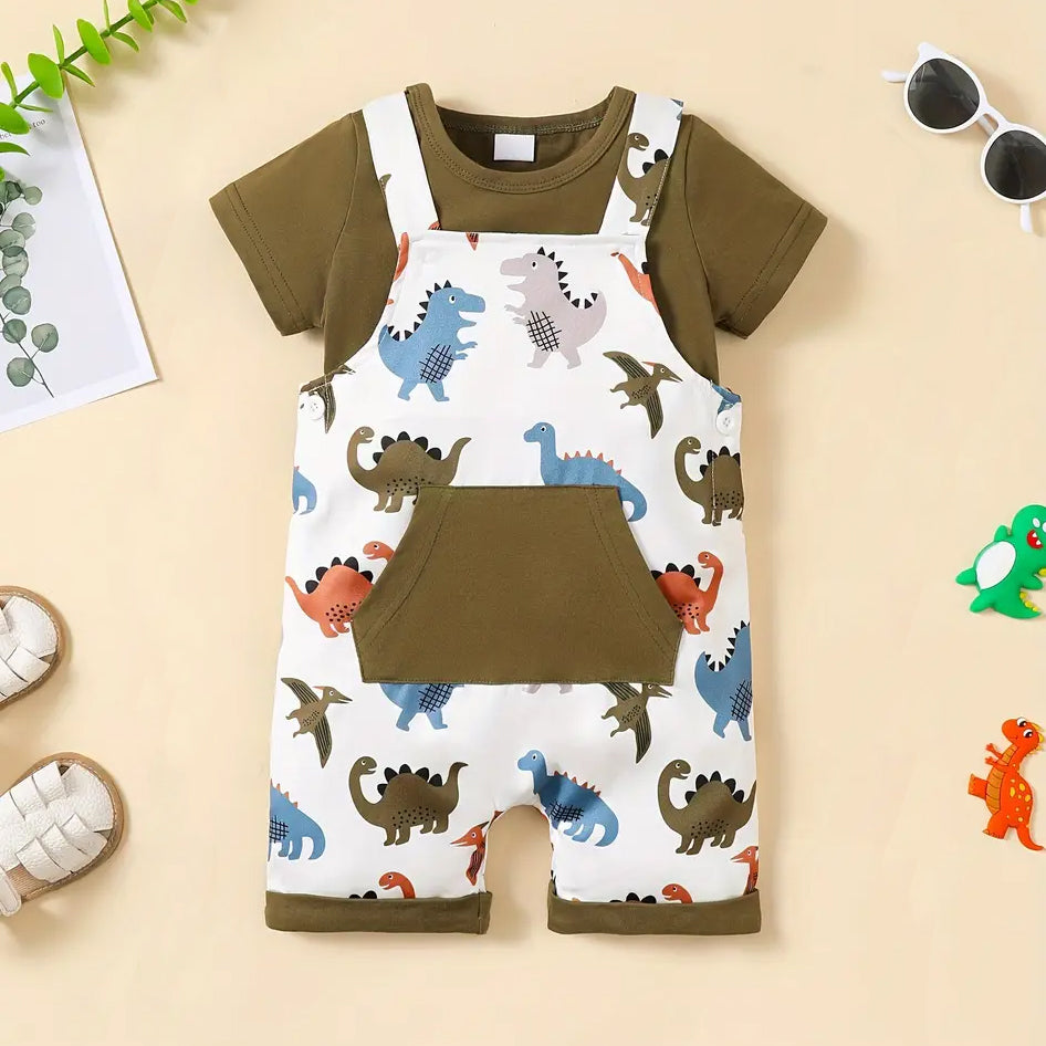 2PCS Summer Dinosaur Printed Short Sleeve Baby Overalls Set