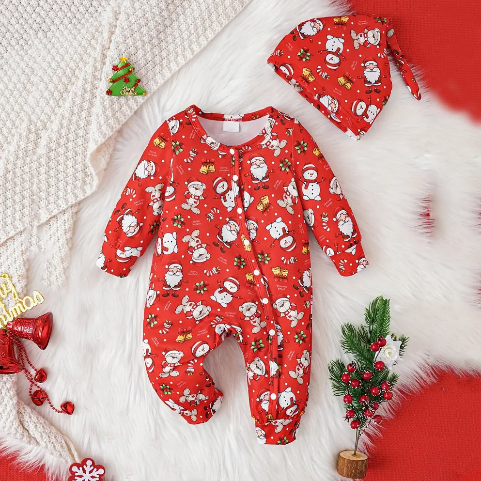 2PCS Allover Cute Santa Claus Printed Long Sleeve Baby Jumpsuit With Hat