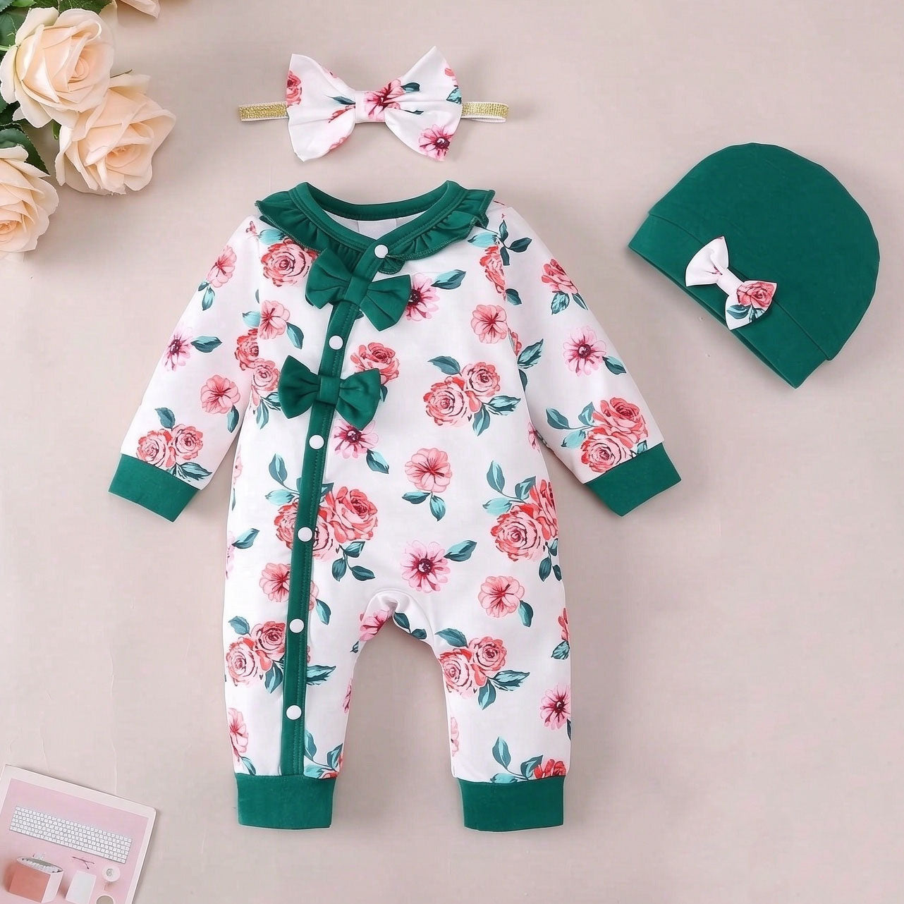 3PCS Chic Floral Printed Long Sleeve Baby Girl Jumpsuit