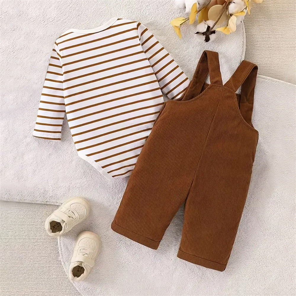 2PCS Boys' Game Day Striped Long Sleeve Baby Overalls Set