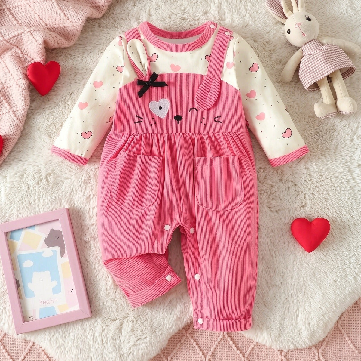Cartoon 3D Heart-Shaped Totoro Corduroy Long Sleeve Baby Jumpsuit