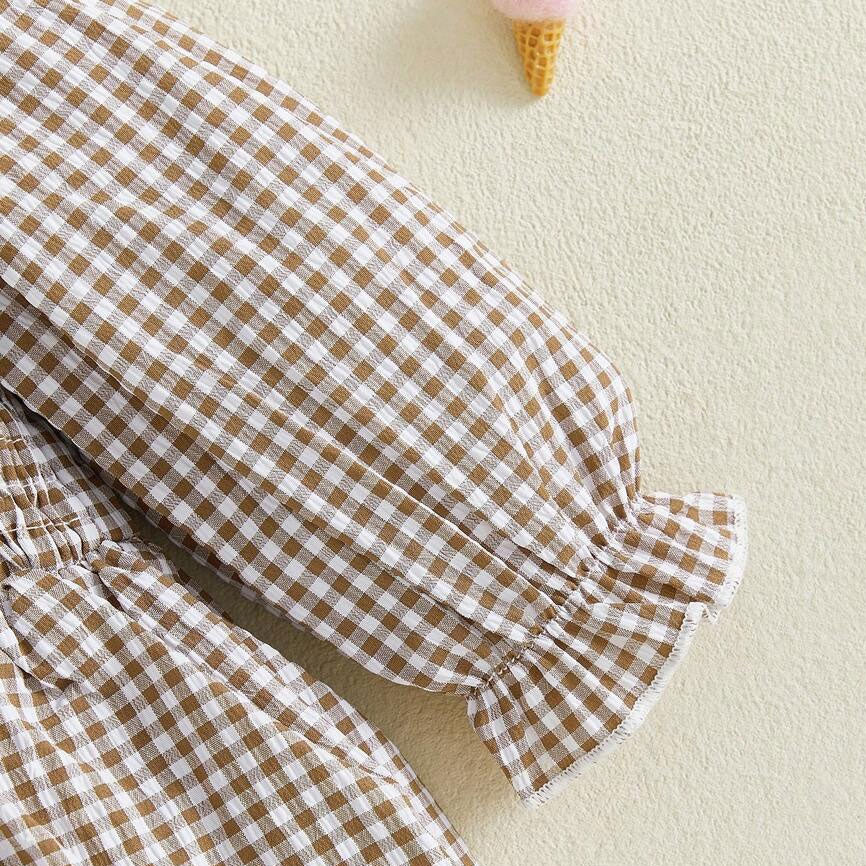 2PCS Lovely Plaid Printed Bow Embroidery Baby Romper