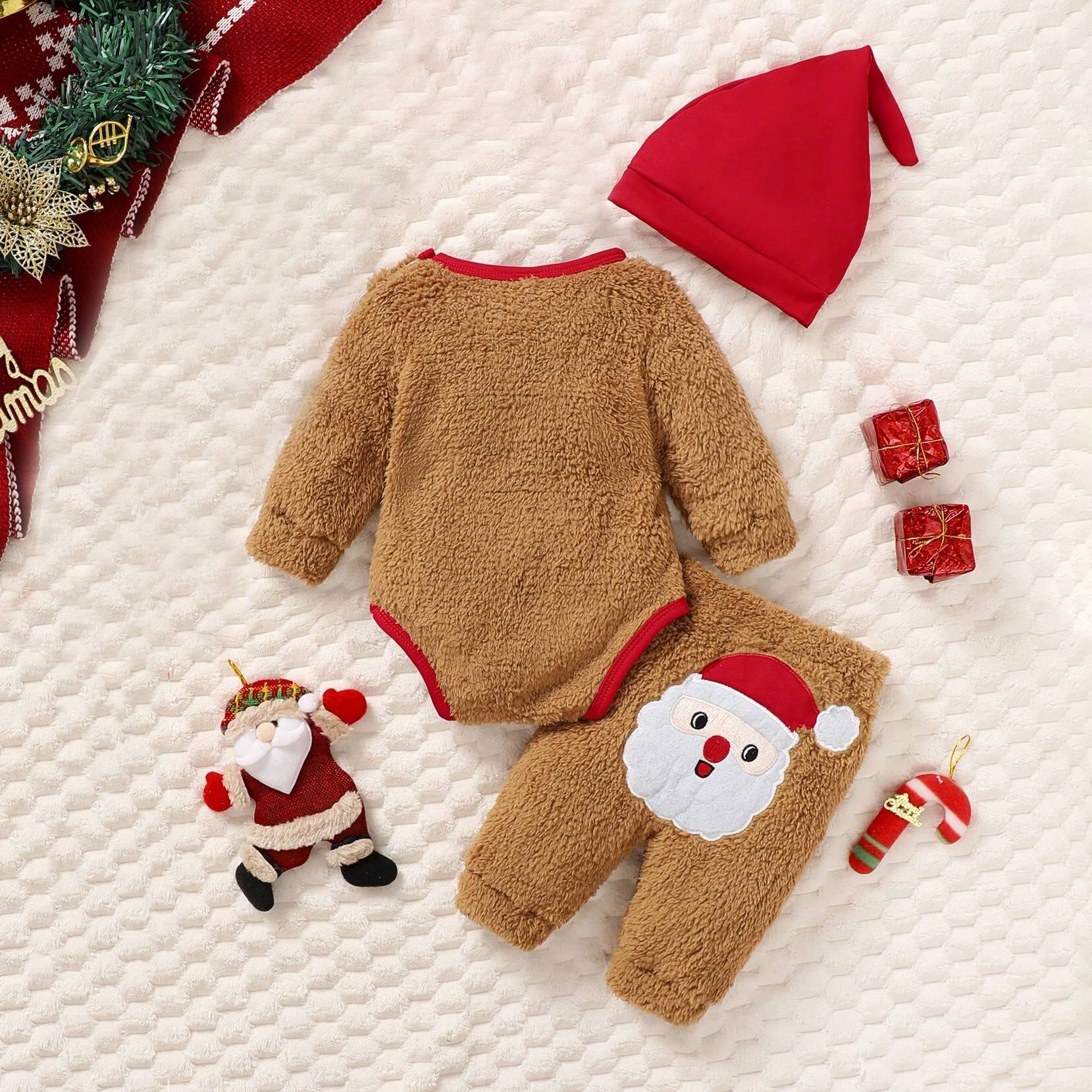 3PCS Merry Christmas Letter Santa Claus Printed Plush Long Sleeve Baby Set