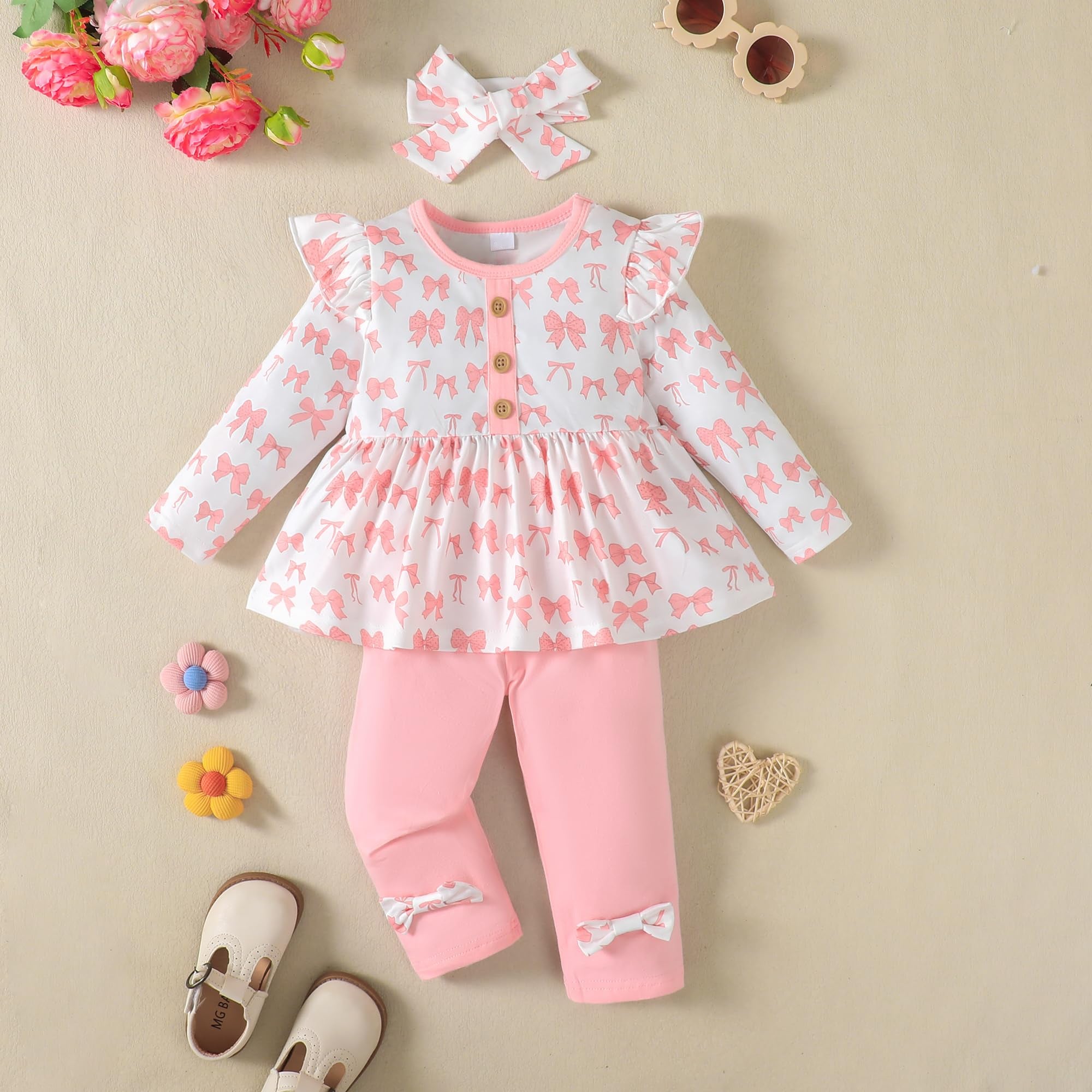 3PCS Lovely Bow Print Long Sleeve Baby Set