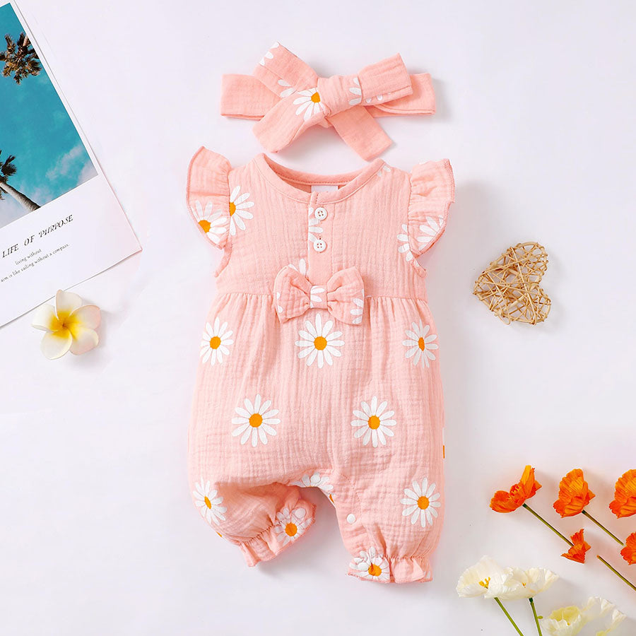 2PCS Cute Daisy Printed Bow Sleeveless Baby Jumpsuit