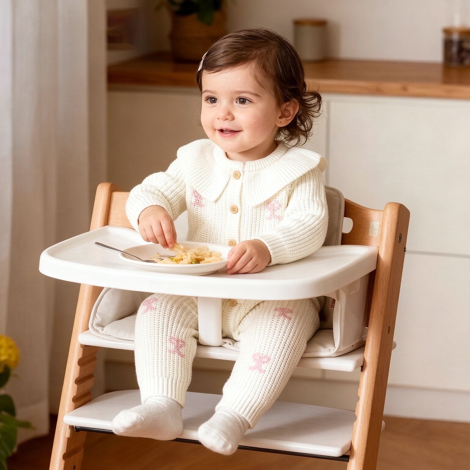 Lovely Solid Color Bow Print Knit Long Sleeve Baby Jumpsuit