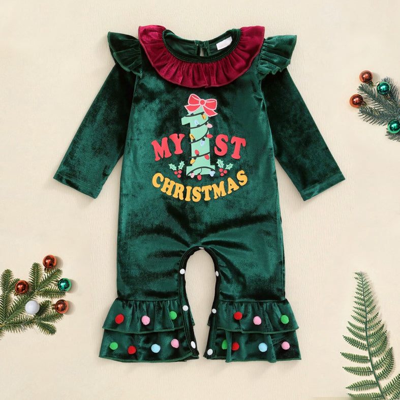 My 1st Christmas Letter Print Long Sleeve Baby Jumpsuit