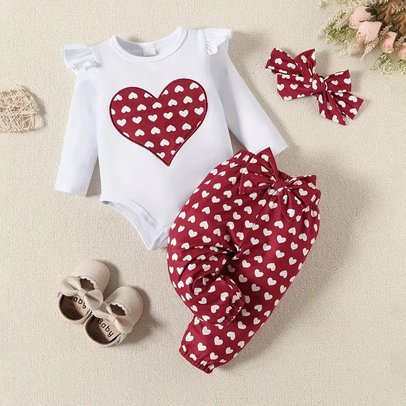 3PCS Classy Heart Print Long Sleeve Baby Set