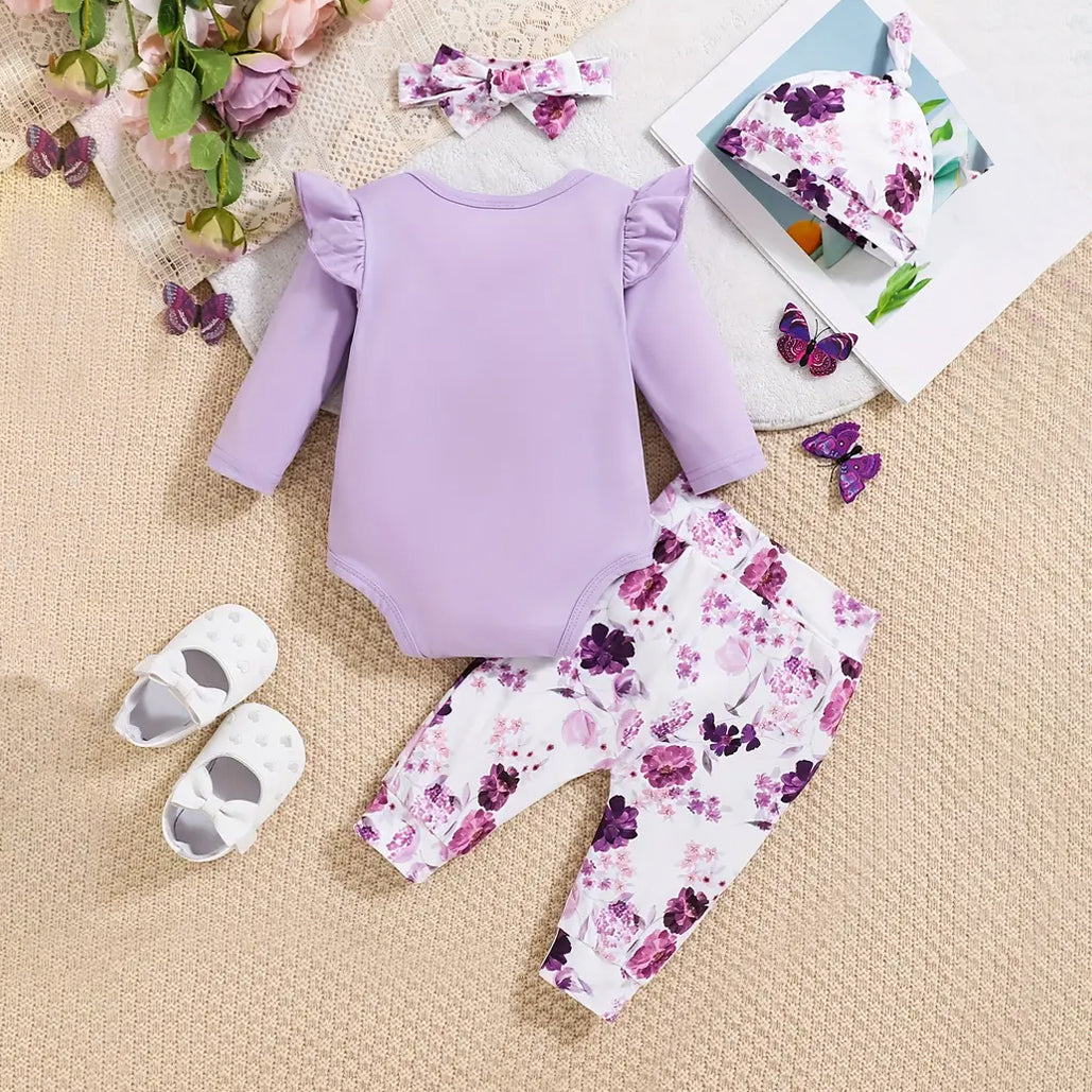 4PCS Daddy's Little Girl Letter Floral Printed Long Sleeve Baby Set