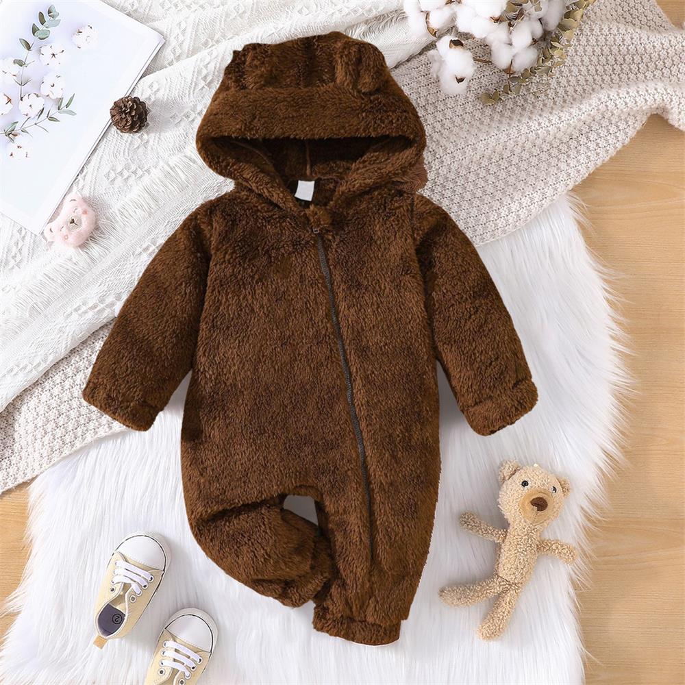 Casual Solid Color Fluffy Hoodie Long Sleeve Baby Jumpsuit