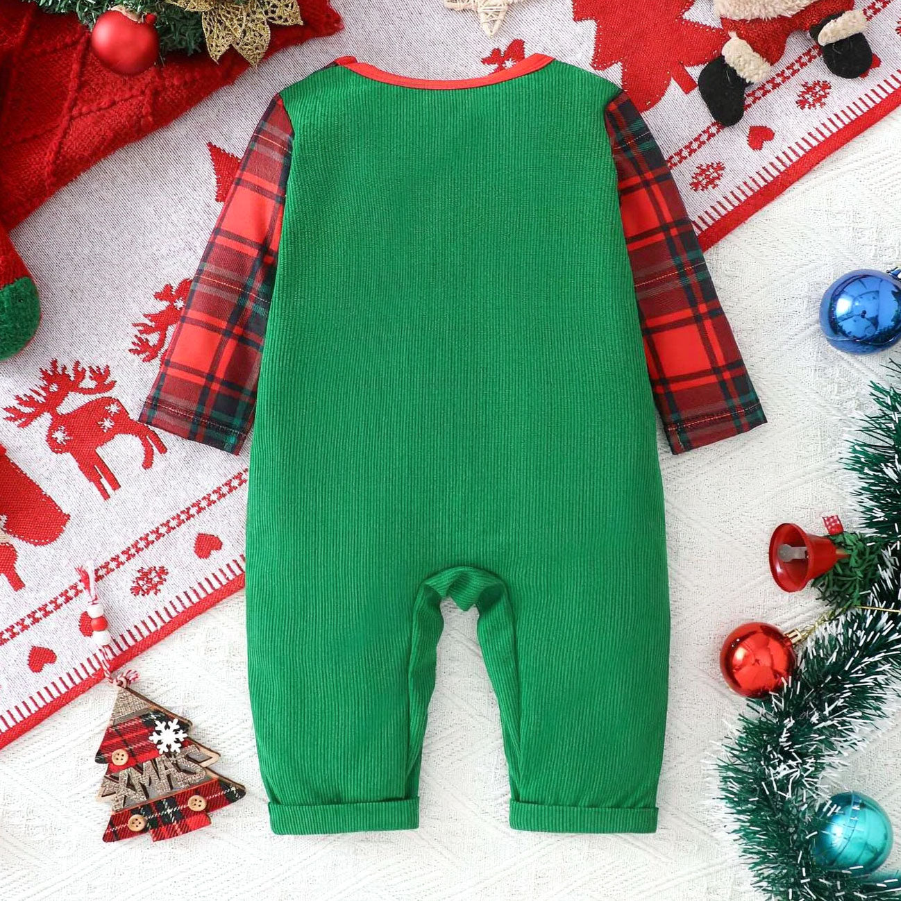Christmas Santa Claus Plaid Print Long Sleeve Baby Jumpsuit