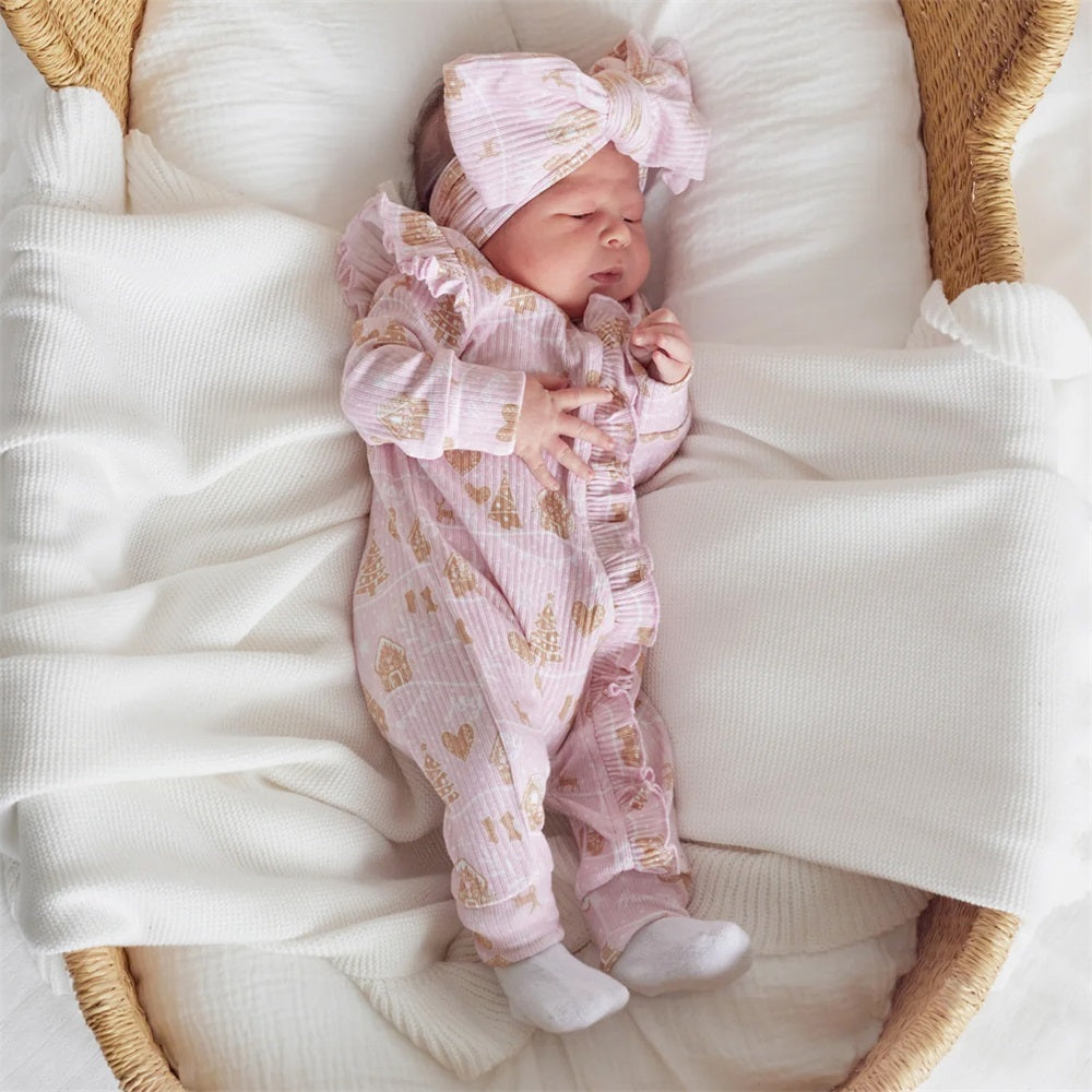 2PCS Cozy Christmas Tree Frilly Zip Long Sleeve Baby Jumpsuit