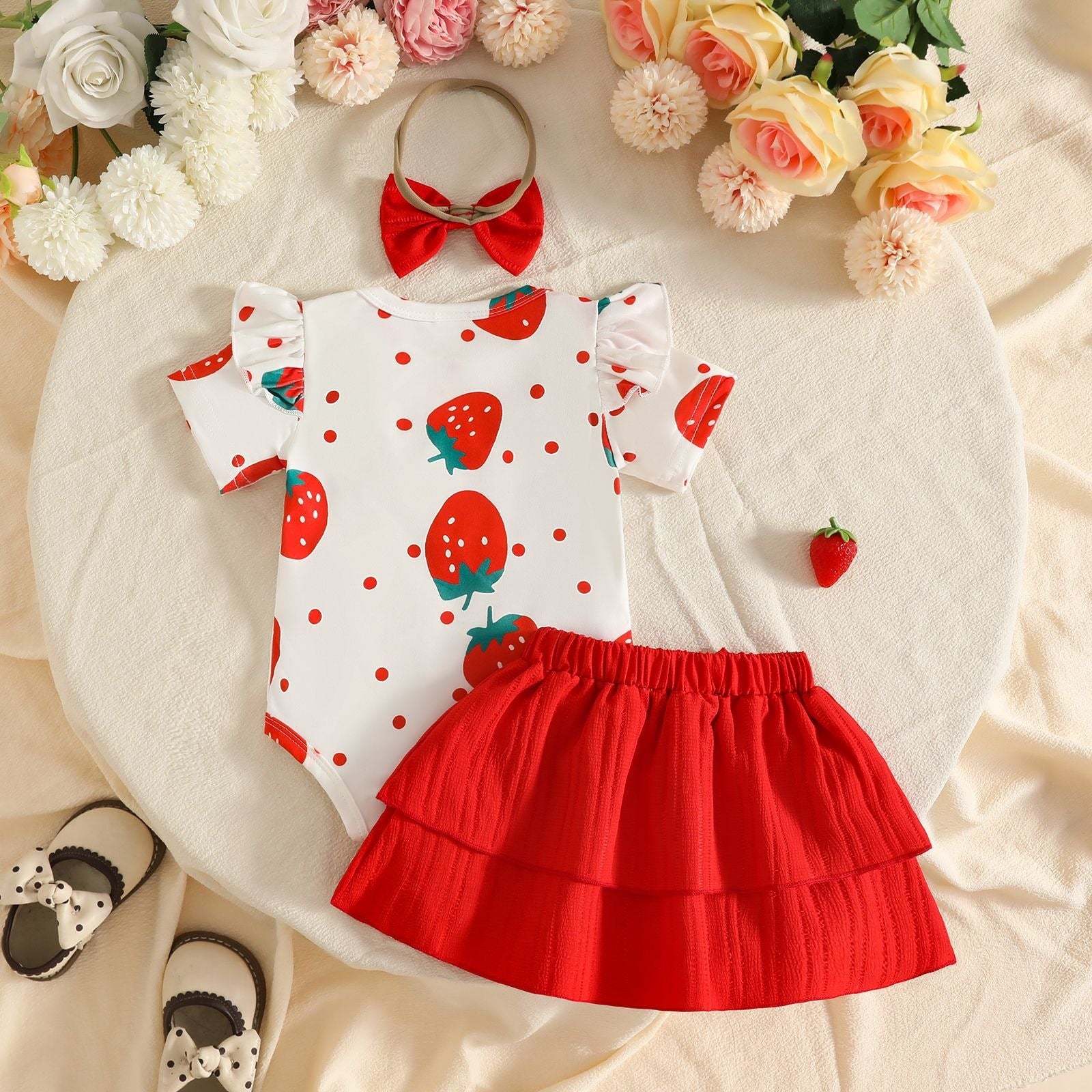 3PCS Vibrant Strawberry Print Short Sleeve Baby Girl Set