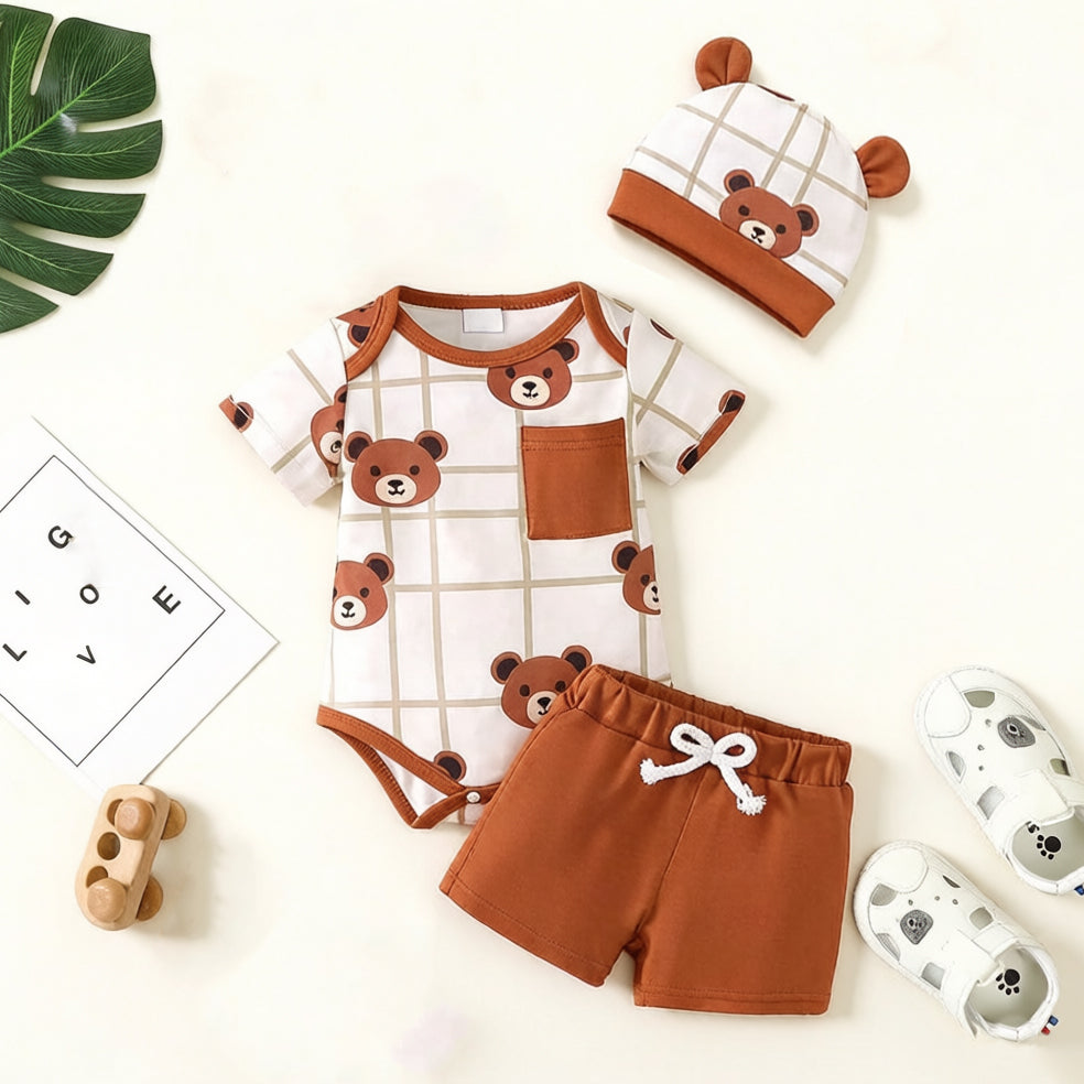 3PCS Cute Bear & Geometric Grid Print Short Sleeve Baby Set