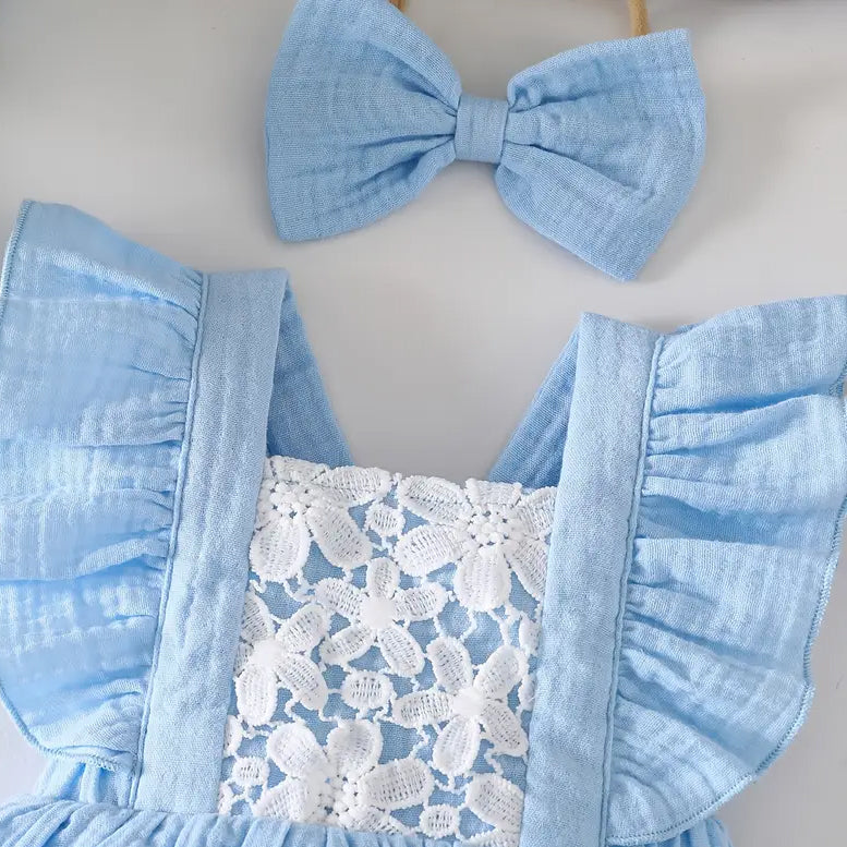 2PCS Sweet Hollow-out Floral Lace Flutter Sleeve Baby Romper