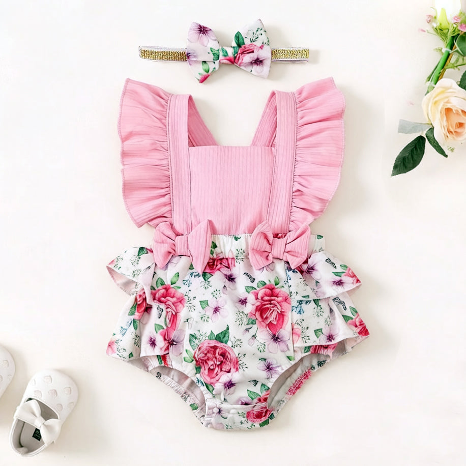 2PCS Playful Floral Print Bowknot Flutter Sleeve Baby Romper