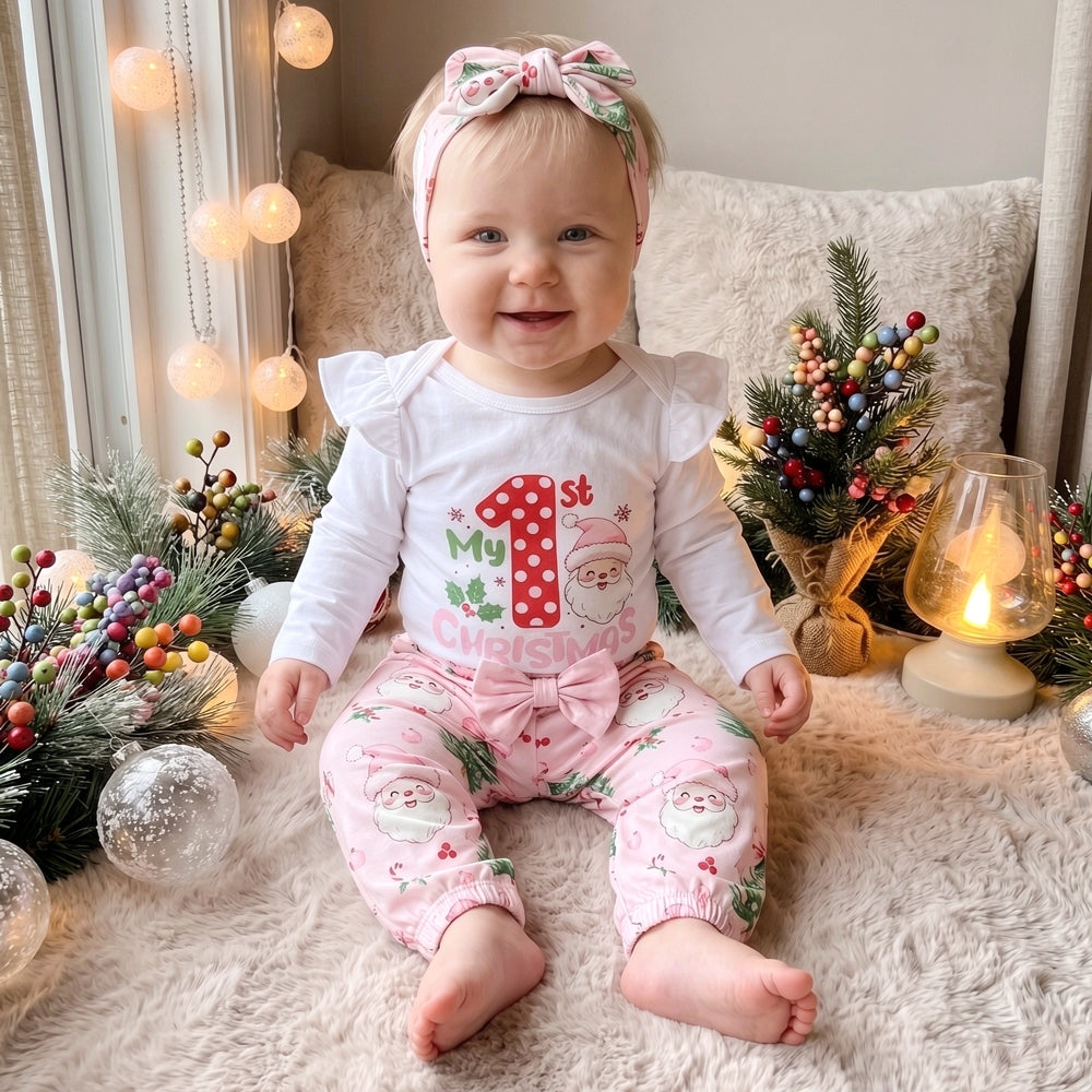 3PCS Chic My 1st Christmas Letter Santa Print Long Sleeve Baby Girl Set