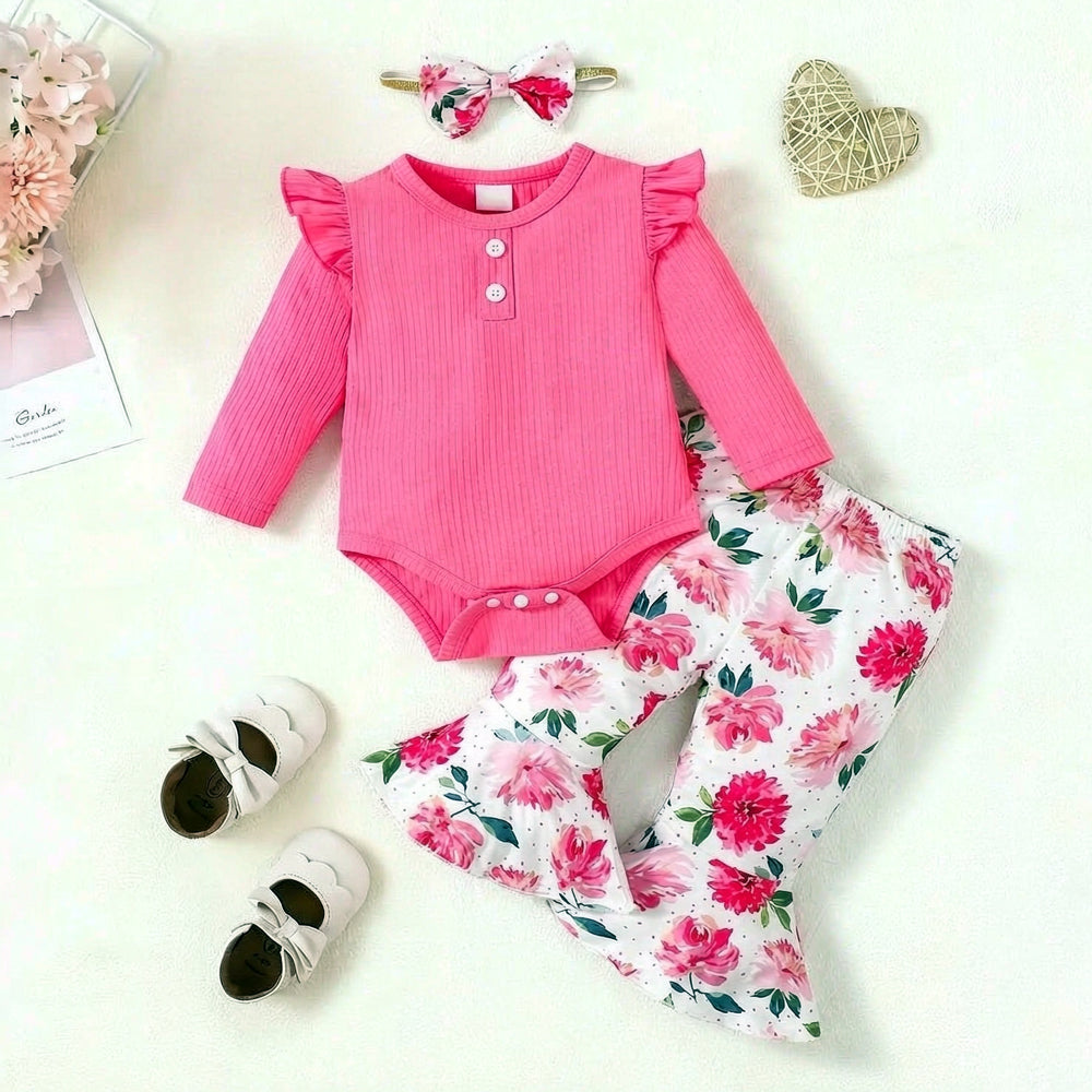 3PCS Vivid Floral Print Long Sleeve Baby Girl Set