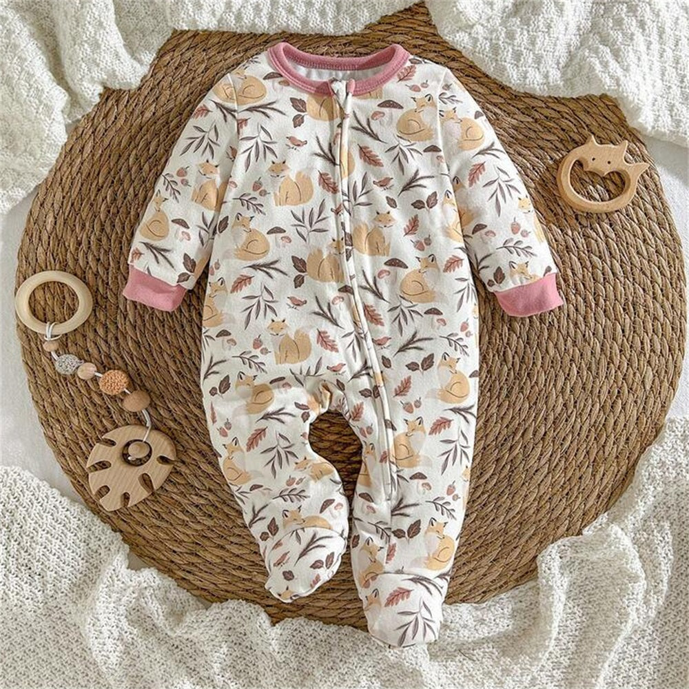 Adorable Fox Print Long Sleeve Baby Jumpsuit