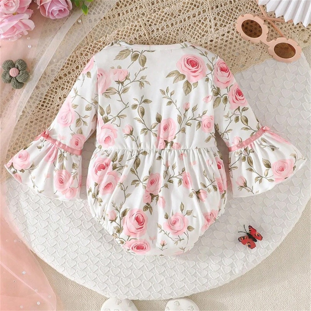 Adorable Floral Printed Long Sleeve Baby Girl Romper