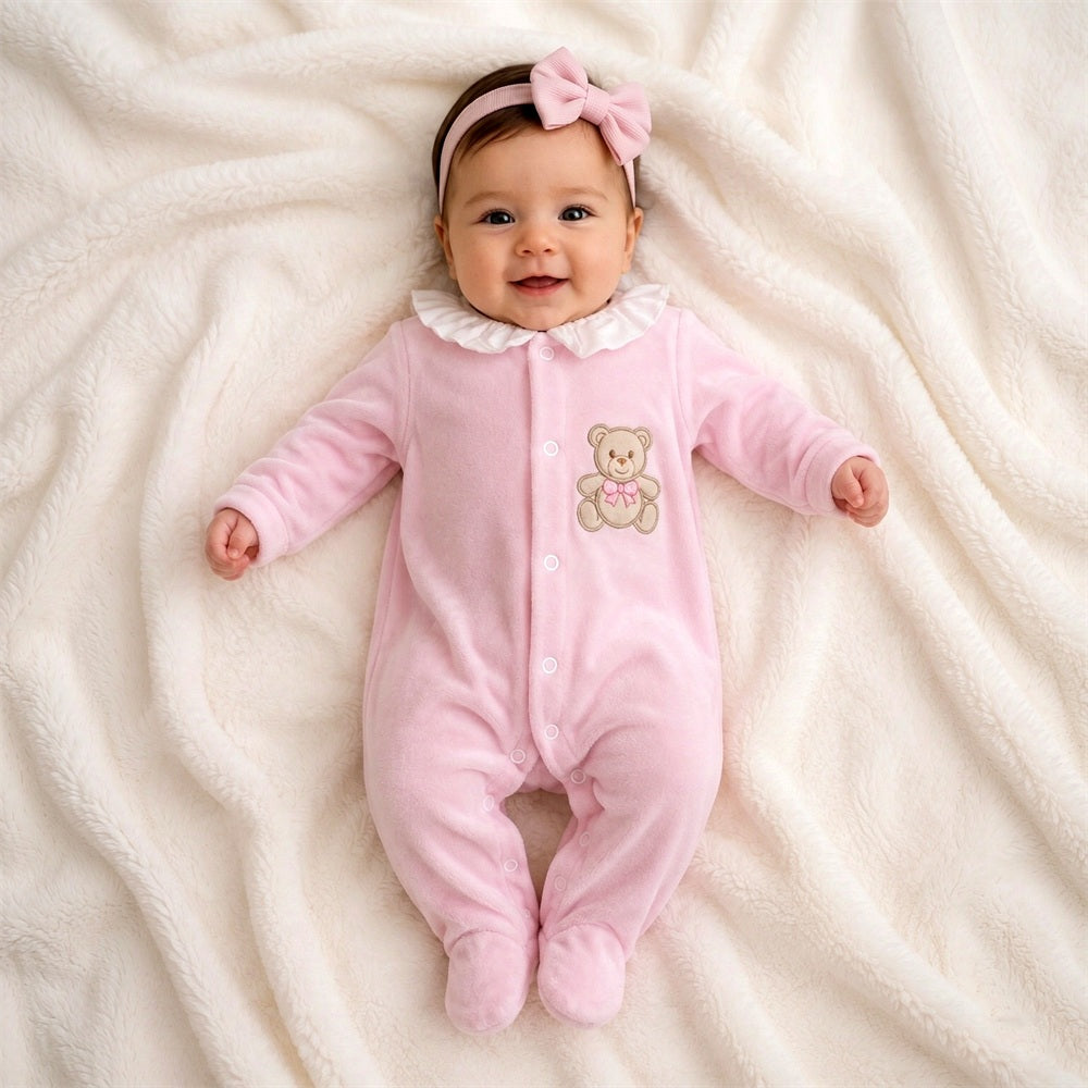 2PCS Quirky Bear Embroidery Long Sleeve Velvet Baby Girl Jumpsuit