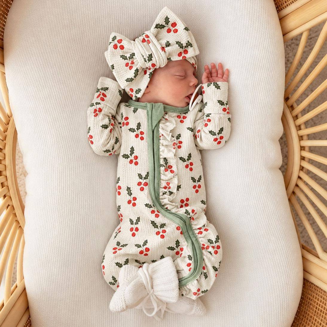 2PCS Holly Berry Print Waffle Knit Zipper Long Sleeve Baby Jumpsuit