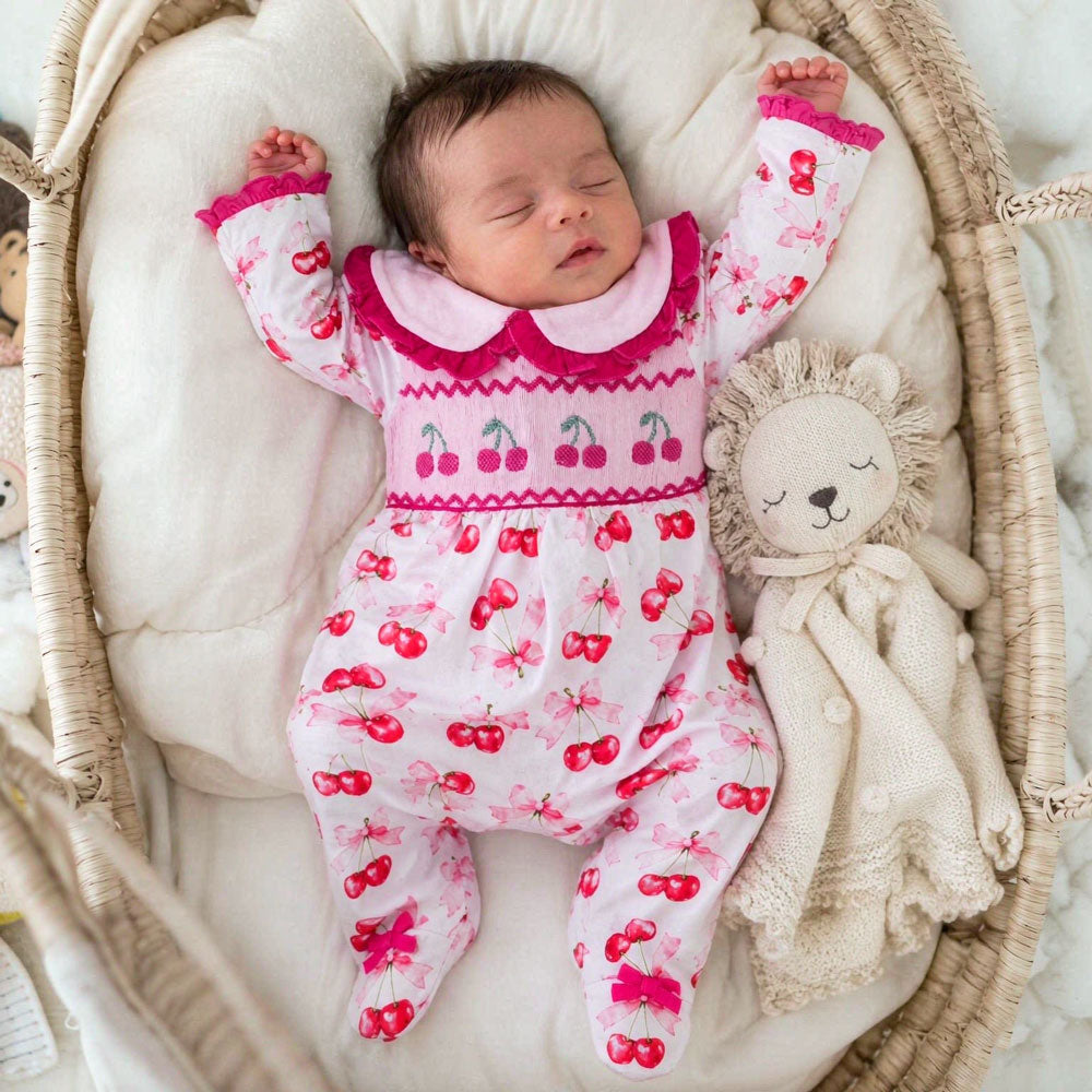 Quirky Cherry Embroidery Bow Printed Long Sleeve Baby Jumpsuit
