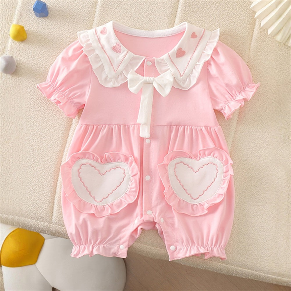 Cute Heart Bow Ruffled Short Sleeve Baby Jumpsuit