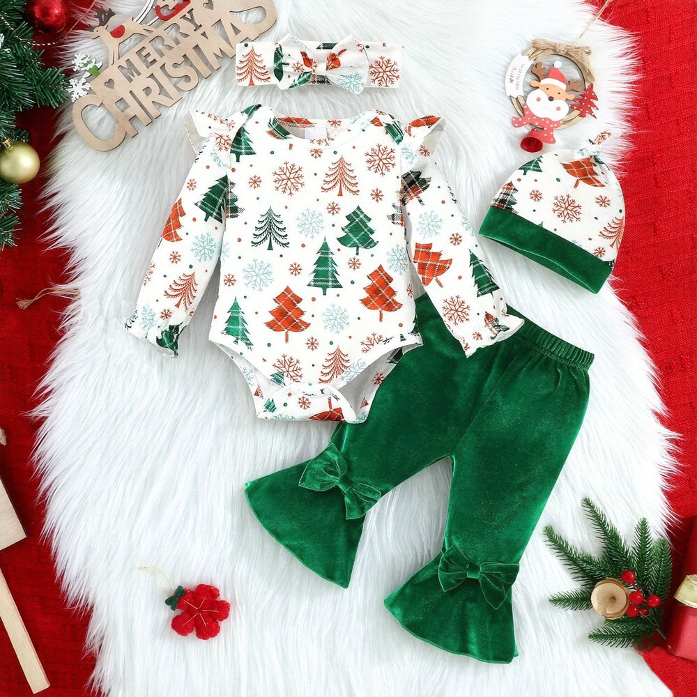 4PCS Christmas Tree Snowflake Print Long Sleeve Baby Girl Velvet Set