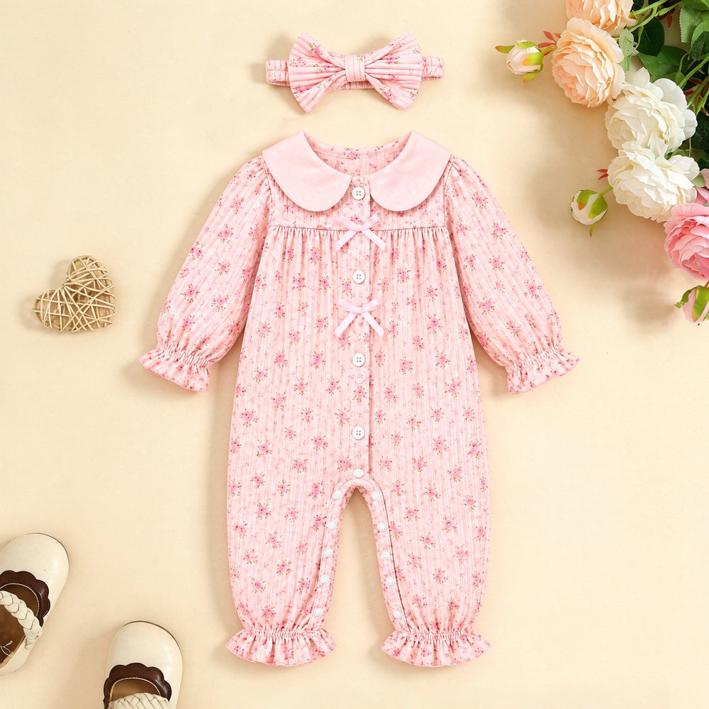 2PCS Delightful Baby Girl Ditsy Floral Print Long Sleeve Jumpsuit