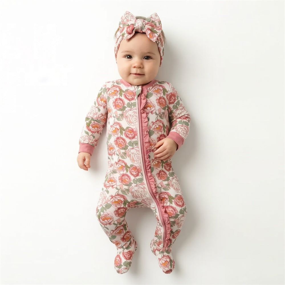 2PCS Cozy Floral Print Ruffle Zipper Baby Jumpsuit