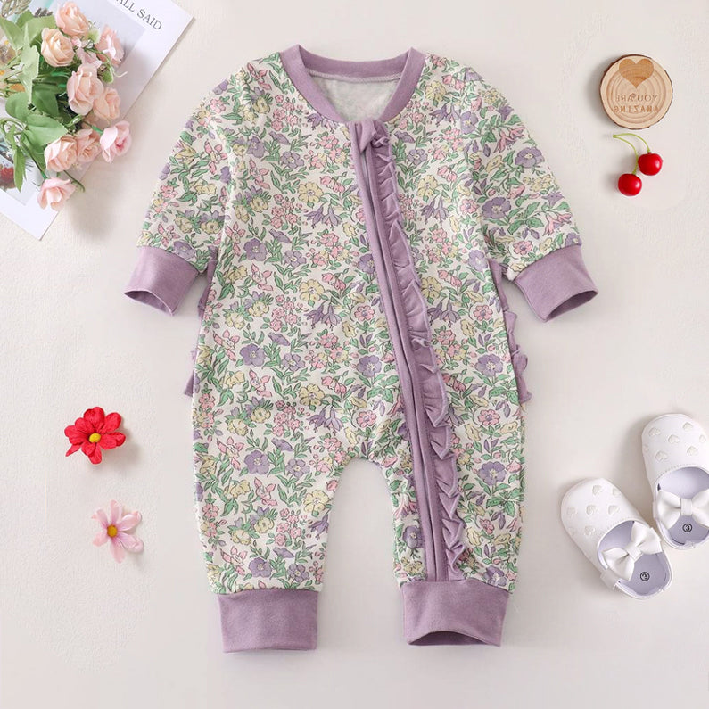 Floral Printed Long Sleeve Ruffle Zipper Baby Jumpsuit