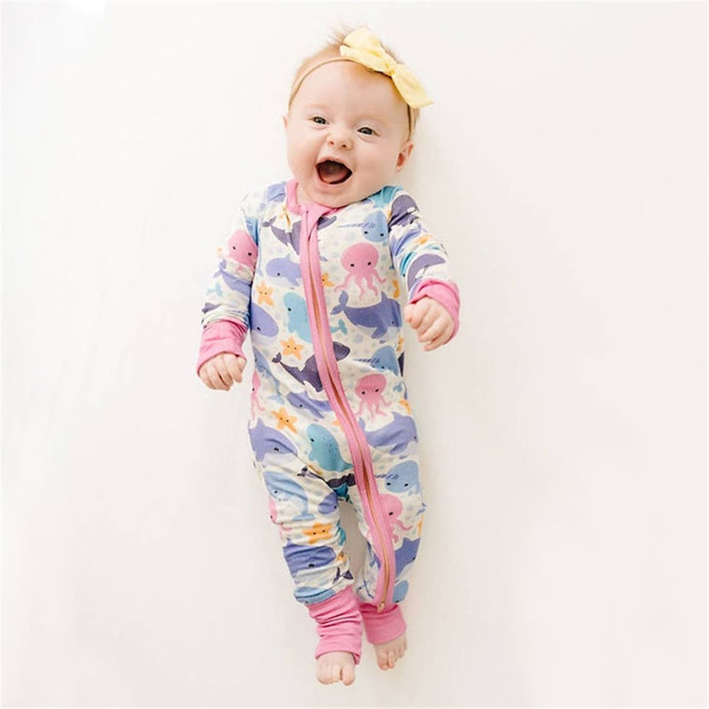 Casual Marine Animals Print Long Sleeve Zipper Baby Jumpsuit