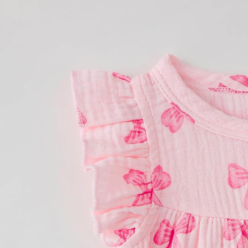 2PCS Lovely Bow Print Ruffle Sleeveless Baby Jumpsuit