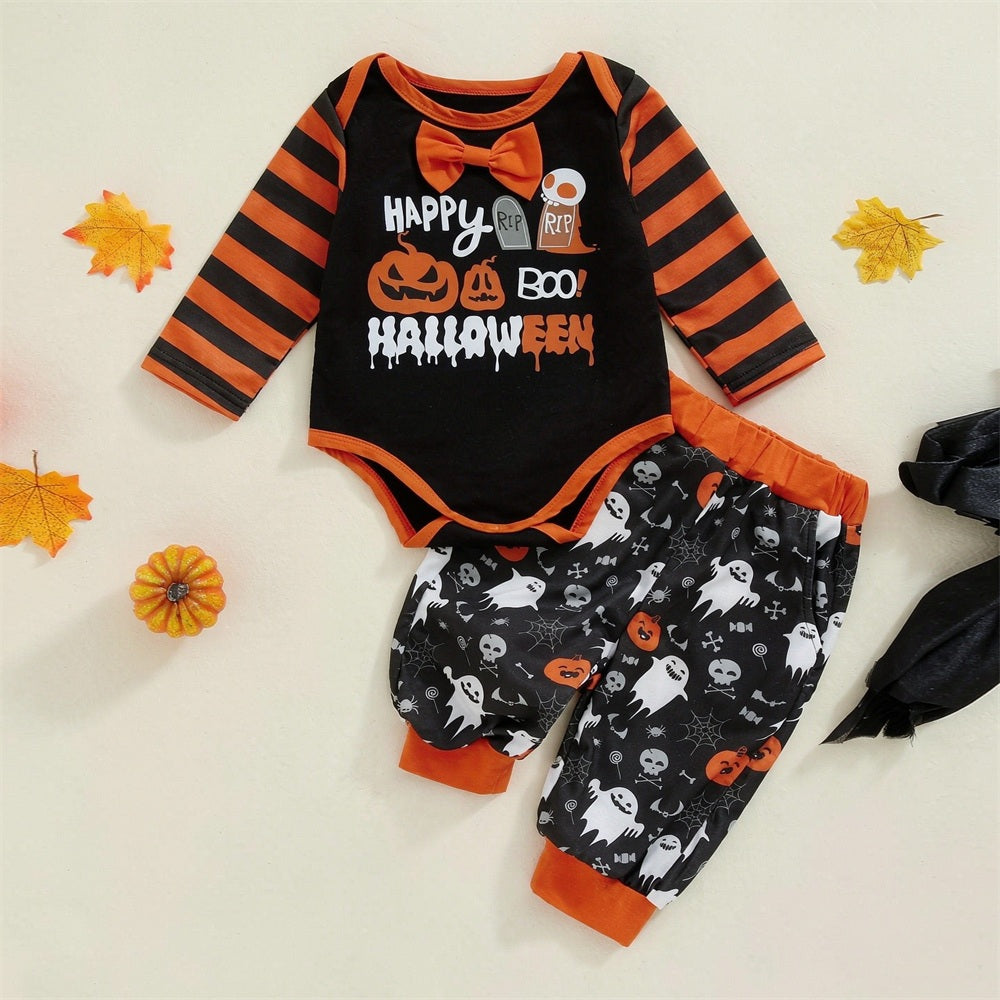 2PCS Happy Boo Halloween Letter Ghost Pumpkin Print Baby Set