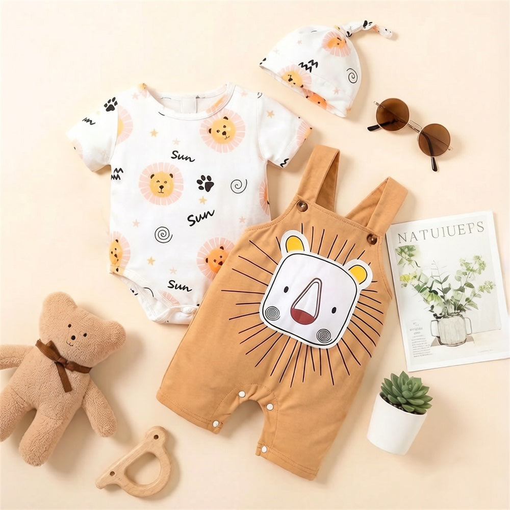 3PCS Casual Cute Lion Printed Short Sleeve Baby Overalls Set